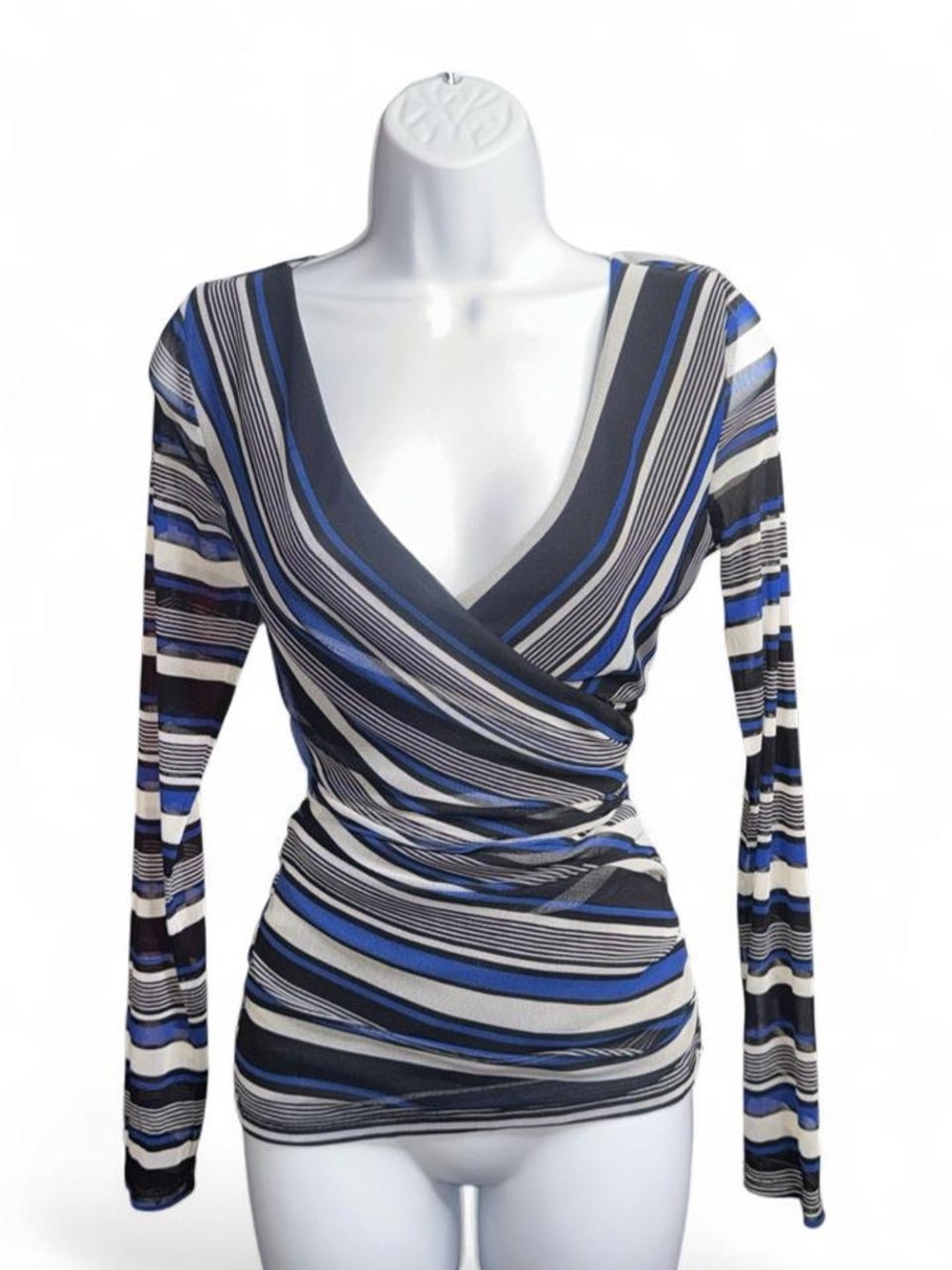 INC International Concepts Striped Blue, Black & White mesh Wrap Top